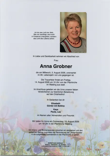 Anna Grobner aus Walding, ✝︎ 84 Jahre  | Foto: Bestattung Smrekar