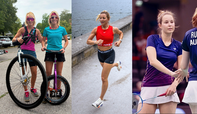 Nicole und Iris Krenn (Einrad), Melanie Berent (Triathlon) und Sarah Dlapka (Badminton) vertreten bzw. vertraten das Salzkammergut bei Weltmeisterschaften. | Foto: Krenn, Berent, Martin Göggel/ÖBV (Collage)