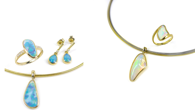 Schmuckset mit Edelopal - Gelbgold &amp; Ring und Anhänger mit Edelopal - Gelbgold | Foto: Thamm
