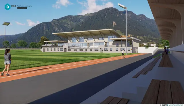 Eine Visualisierung des geplanten Hauptgebäudes des neuen Sportzentrums und des vergrößerten Fußballspielfeldes. | Foto: Architekturbüro Dick