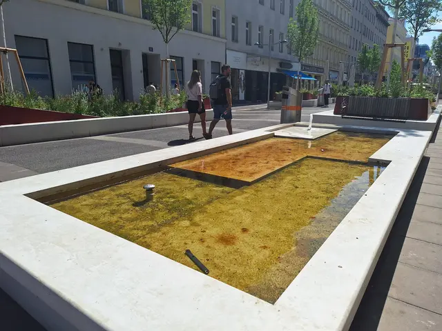 Wegen der hohen Temperaturen haben sich in einem neuen Brunnen auf der Favoritenstraße Algen stark vermehrt. Die MA 28 wird den "Wassertisch" noch diese Wochen säubern. | Foto: Antonio Šećerović/MeinBezirk