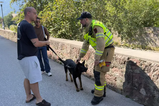 Mit Leckerlis wurde Chico beruhigt, bevor ihn die Feuerwehr aus der Ache rettete. | Foto: Freiwillige Feuerwehr © Stadt Kitzbühel 