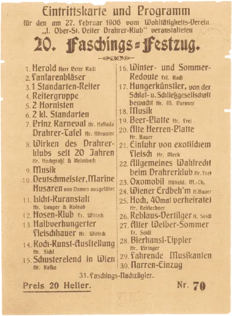 Ein historischer Beweis: die damalige Eintrittskarte und das Programm für den Faschingsumzug im Jahr 1906. | Foto: 1133.at