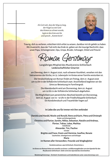 Roman Gerstmayr ✝︎ 11.08.2026 | Foto: Bestattung Krennmayer