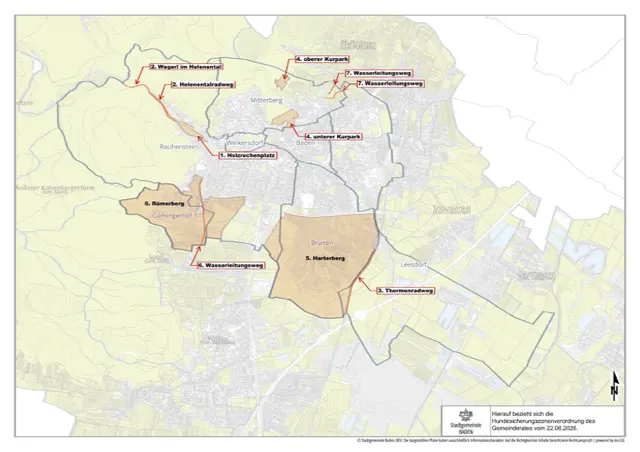 Sieben Bereiche in Baden wurden als Hundesicherungszonen definiert. | Foto: Stadtgemeinde Baden