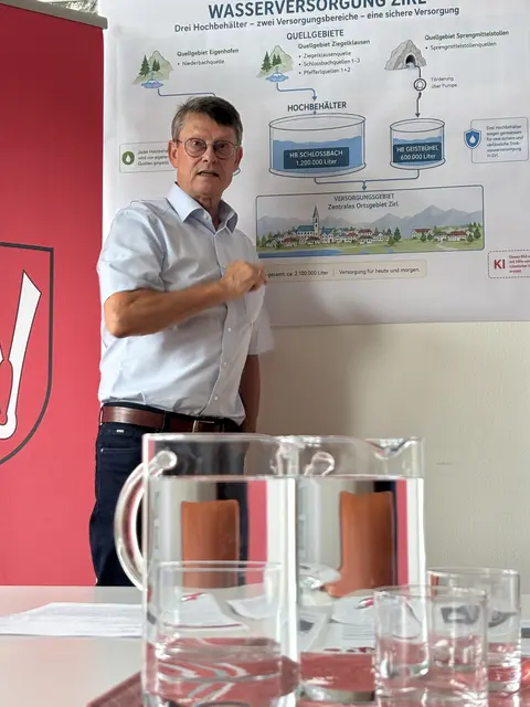 Bürgermeister Thomas Öfner erläutert anhand der Grafik den Aufbau der Zirler Wasserversorgung. Er betont, dass die Gemeinde über ein grundsätzlich ausreichend dimensioniertes Versorgungssystem und genügend Wasserdargebot verfügt, zugleich aber laufend in Überwachung, Sanierung und technische Absicherung investiert. | Foto: Georg Larcher / MeinBezirk