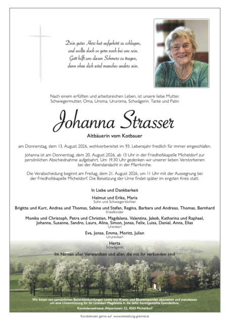Johanna Strasser ✝︎ 13.08.2026 | Foto: Bestattung Greimel