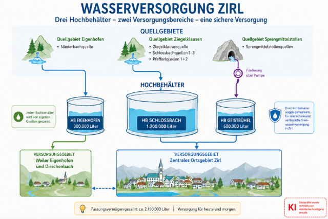 Die Grafik zeigt den Aufbau der Zirler Trinkwasserversorgung: Mehrere Quellfassungen speisen die Hochbehälter und das angeschlossene Leitungsnetz. Im Mittelpunkt der aktuellen Maßnahmen stehen die Schlossbachquelle sowie künftig UV-Desinfektion und Trübungsmessungen zur frühzeitigen Erkennung von Veränderungen der Wasserqualität. | Foto: Georg Larcher / MeinBezirk
