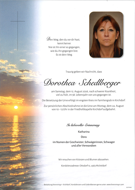 Dorothea Schedlberger ✝︎ 15.08.2026 | Foto: Bestattung Krennmayr
