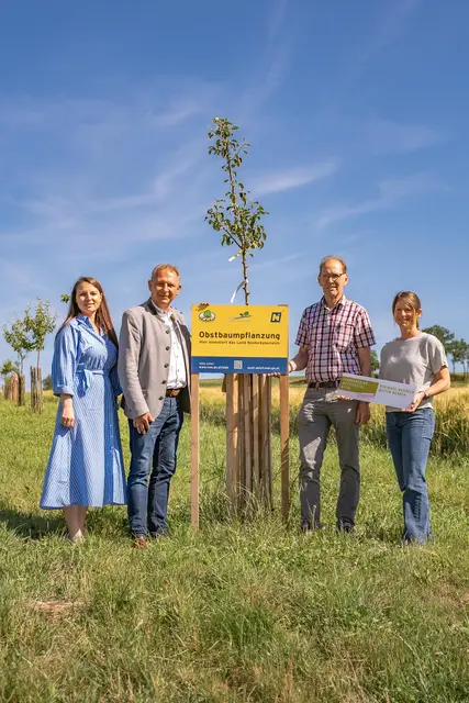 rojektmanagerin der Moststrasse Maria Haider, Obmann der LEADER Region Mostviertel-Mitte Bürgermeister Manfred Roitner, Franz Lumesberger vom NÖ Landschaftsfonds und Projektkoordinatorin in der LEADER Region Mostviertel-Mitte Martina Grill machen sich gemeinsam für den Erhalt der Streuobstwiesen stark und laden zum Mitpflanzen ein. | Foto: Cleanhill Studios/Moststraße
