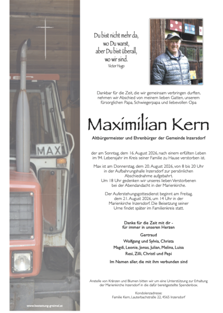 Maximilian Kern ✝︎ 16.08.2026 | Foto: Bestattung Greimel