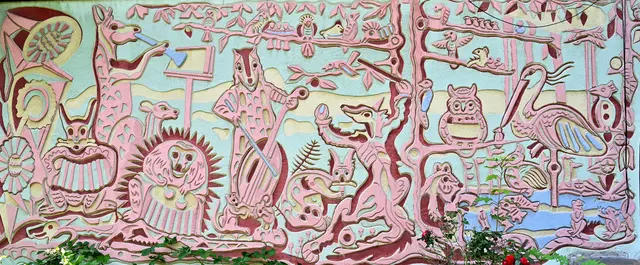 St. Corona am Wechsel, ehem. Volksschule: Sgraffito "Waldkonzert", 1954 | Foto: Hans-Peter Kriener