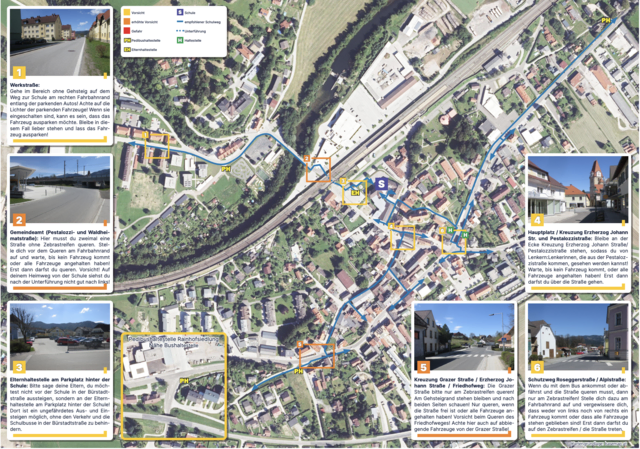 Ein Beispiel aus dem Bezirk Bruck-Mürzzuschlag: Die ausgearbeiteten Gefahrenstellen von Krieglach. | Foto: schulwegplan