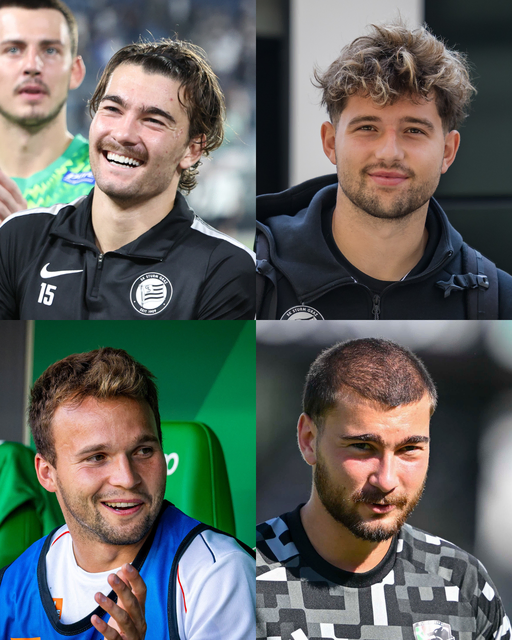 Beim SK Sturm stehen heuer gleich zwei Bruderduelle auf dem Programm: Simon Seidl (oben rechts) trifft am Sonntag auf Matthias (Rapid, unten links), Gizo Mamageishvili (oben links) im Oktober auf Zwillingsbruder Otar (WAC, unten rechts).  | Foto: GEPA/MeinBezirk