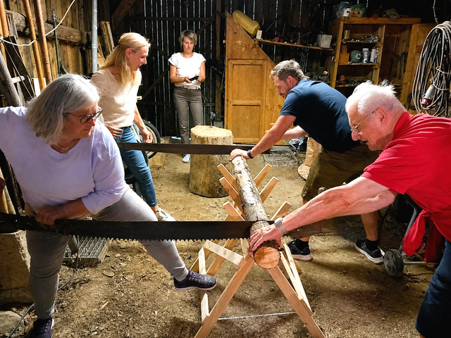 Mit der traditionellen Zugsäge wurde gemeinsam Holz geschnitten, und beim Nagelstock bewiesen die Teilnehmer Geschick, Treffsicherheit und Humor.  | Foto: Pawluk