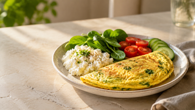 Eiweißreiches Frühstück mit Omelett, Hüttenkäse und frischem Gemüse