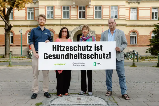 v.l.n.r.: Marc Dengler (Klima- und Energieexperte bei Greenpeace Österreich), Birgit Gerstorfer (Präsidentin des Pensionistenverbandes Österreichs), Ingrid Korosec (Präsidentin des Österreichischen Seniorenbundes), Herbert Formayer, (Professor für Meteorologie und Klimatologie an der Boku in Wien). | Foto: Greenpeace/Lea Scharl