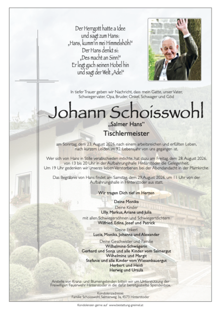Johann Schoisswohl ✝︎ 23.08.2026 | Foto: Bestattung Greimel