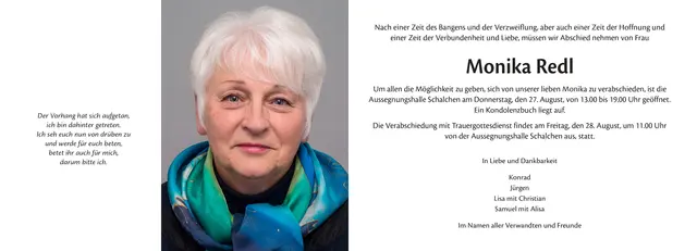 Monika Redl, 
03.10.1952 - 23.08.2026 | Foto: Bestatter