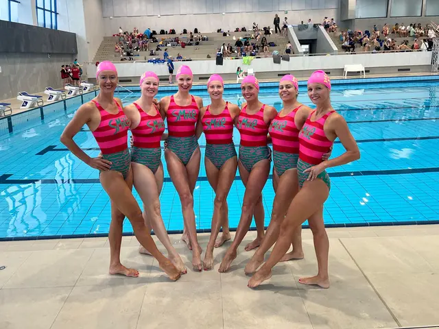 Das Goldteam am Beckenrand in Bratislava. Nach 30 Jahren fanden die ehemaligen Kolleginnen wieder zusammen und holten bei der Europameisterschaft der Masters den Titel. | Foto: Petris