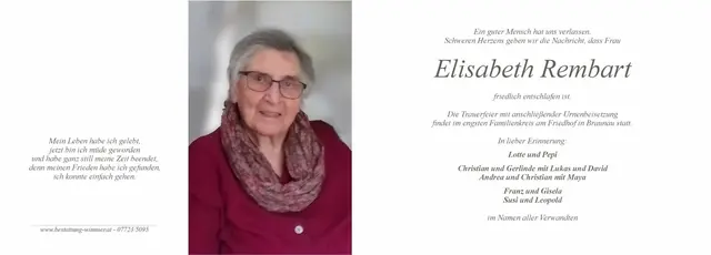 Elisabeth Rembart,
15.10.1933 - 21.08.2026 | Foto: Bestatter