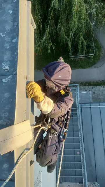 Mit einem Seil gesichert, entfernte der Feuerwehrmann das Hornissennest unter dem Dach. | Foto: FF Pressbaum