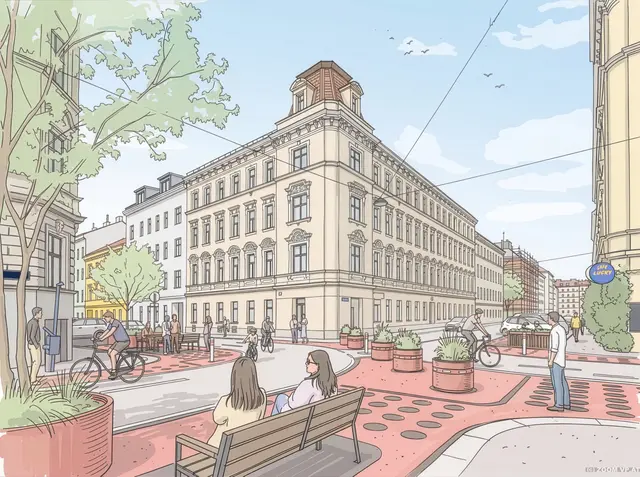 Weniger Verkehr mit kostengünstigen Lösungen wie Pflanzentröge: So sollen Low-Traffic-Grätzl funktionieren. (Visualisierung)  | Foto: ZOOMVP/StadtWienMarketing