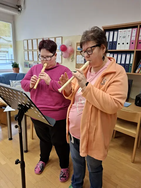 Im Schwerpunkt „Förderung der musikalischen Fähigkeiten“ erlernen die Kundinnen und Kunden von Jugend am Werk verschiedene Instrumente wie Blockflöte, Keyboard und Veeh-Harfe. | Foto: Jugend am Werk Eisenerz