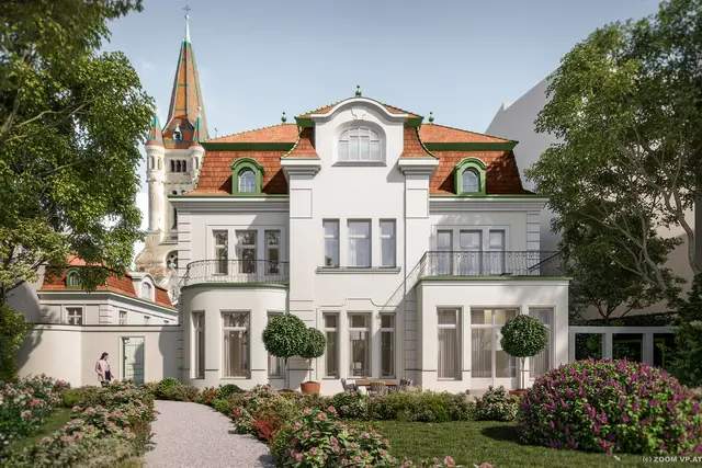 So könnte das Grundstück künftig aussehen. Der Außenauftritt von Palais und Pförtnerhaus wird in der originalen Farbgebung wieder hergestellt. (Visualisierung) | Foto: 2021 ZOOMVP_RSREO 