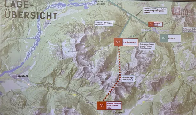 In dieser Karte ist der Stollen, der Wasser des Namlosbachs in den Rotlechstausee überleiten soll, eingezeichnet. | Foto: Archiv/EW Reutte