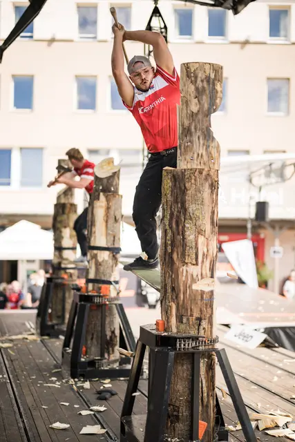 Mit seinem neuen nationalen Rekord verbesserte der Ferndorfer Simon Oberzaucher seine
Springboard-Zeit aus dem Juli um über 30 Sekunden. | Foto: STIHL TIMBERSPORTS