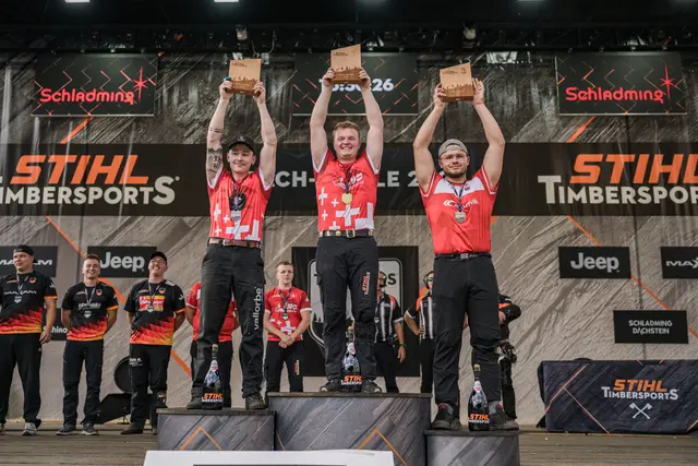Das Podium des Rookie DACH-Finals: Jeffrey Hübscher (m.) wird erneut DACH-Meister vor Melvyn
Geissler (l.) und Simon Oberzaucher (r.) | Foto: STIHL TIMBERSPORTS