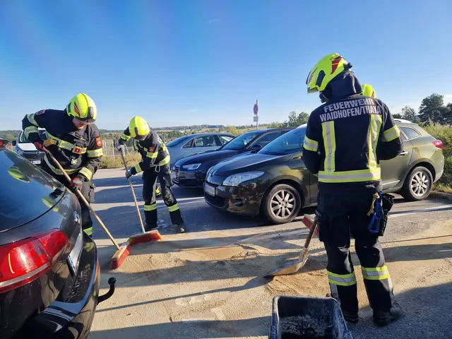 Vor Ort wurde umgehend nach der Ankunft der Einsatzkräfte Ölbindemittel auf das ausgetretene Betriebsmittel aufgebracht. | Foto: FF Waidhofen/Thaya