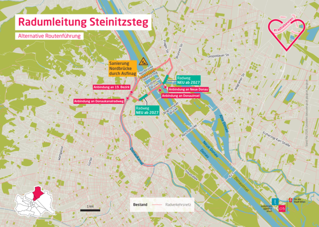 Die Lösung der Stadt: Brigittenau und Floridsdorf bekommen jeweils einen neuen Radweg. | Foto: Visualisierung Stadt Wien/Mobilitätsagentur Wien