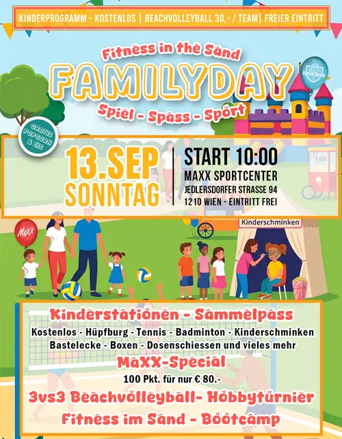 Kostenloser „Familyday“ mit Hüpfburg, Kinderspielstationen, Gratis-Eis und Beachvolleyball in Floridsdorf. | Foto: MaXX-Sportcenter