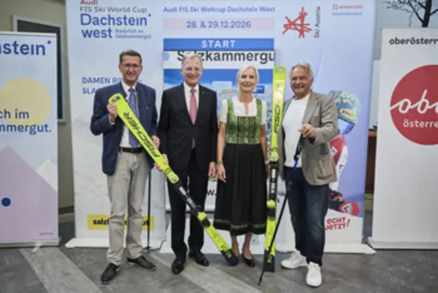 Wirtschafts- und Sport-Landesrat Markus Achleitner, Landeshauptmann Thomas Stelzer, ÖSV-Präsidentin Roswitha Stadlober und Vizepräsident des oö. Landesskiverbandes Hans Pum. 

 | Foto: Land OÖ/Peter Mayr