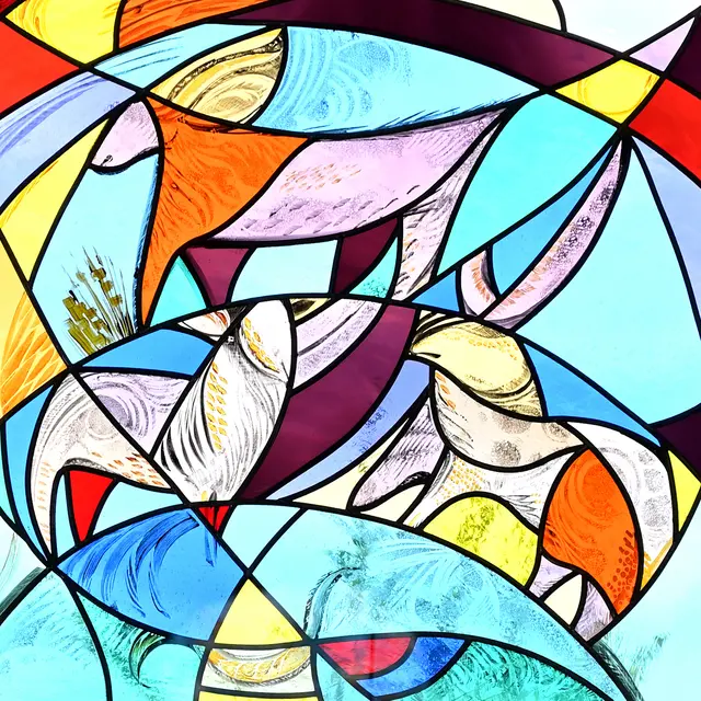 Buntglasfenster von Carla Kamenik in der Pfarrkirche Kematen an der Ybbs: Schöpfungsgeschichte, 6. Tag (Ausschnitt) | Foto: Hans-Peter Kriener