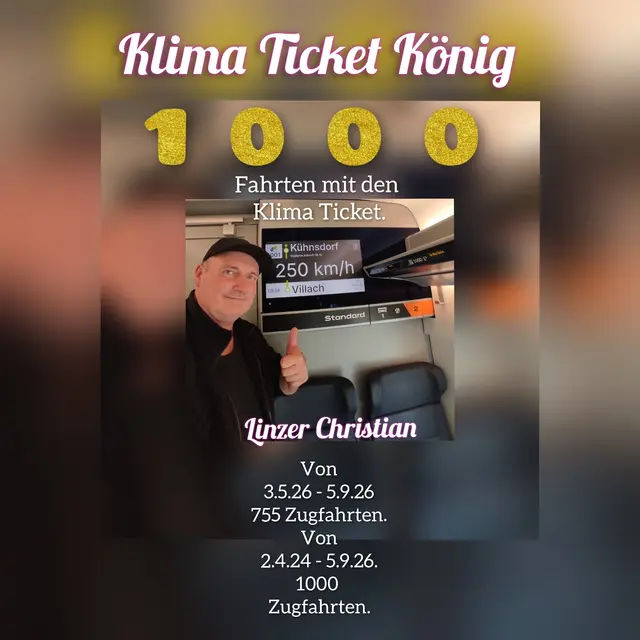 Christian Linzer stellt gerne Rekorde auf: Nun fuhr er binnen zweier Jahre 1.000 Mal mit seinem Klimaticket mit der Eisenbahn. | Foto: Linzer