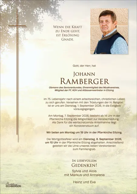 Johann Ramberger, Eitzing, verstorben am 1. September, im 75. Lebensjahr.
  | Foto: Maria Gadringer