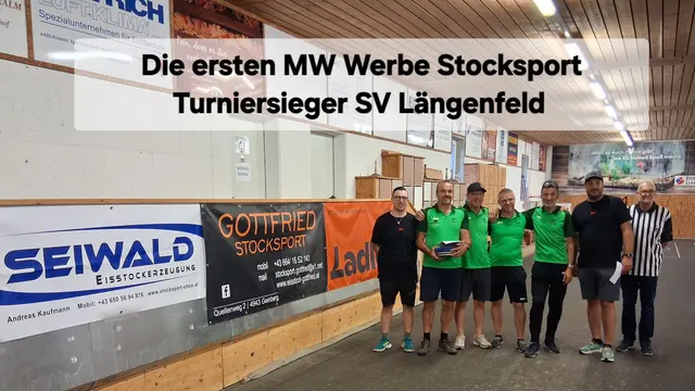 Sieger SV Längenfeld; Karl Schmid, Andreas Frank, Dietmar Eiterer und Edmund Neurauter, mit den Offiziellen l. Hans - Peter Marchetti, r. Manuel Wildhölzl und Anton Inwinkl.