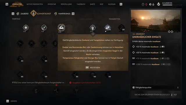 Unsere Fähigkeiten teilen sich auf in Zauber, Schwertkunst und Vampirismus. Wir müssen uns daher recht bald klar sein, wo wir unsere Punkte verteilen möchten. | Foto: Rebel Wolves / Bandai Namco