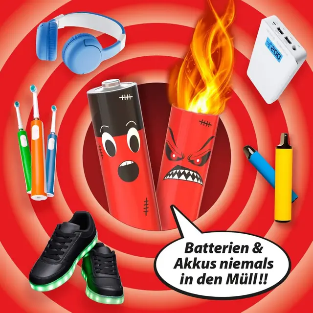 Vor allem Lithium-Akkus bergen bei falscher Entsorgung ein erhebliches Brandrisiko. Deshalb gilt: Batterien und Akkus nie über den Restmüll entsorgen, sondern richtig abgeben. | Foto: EAK (Elektroaltgeräte Koordinierungsstelle Austria)