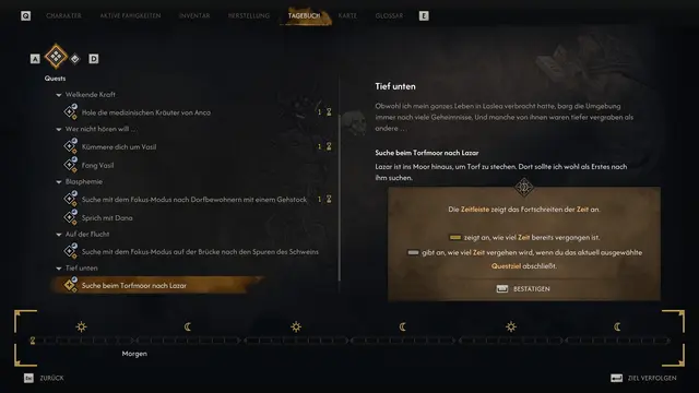 Bei jeder Quest, die man annimmt, steht dabei, wie viel Zeit die Absolvierung dieser verbraucht. Zeitmanagement ist daher essenziell. | Foto: Rebel Wolves / Bandai Namco