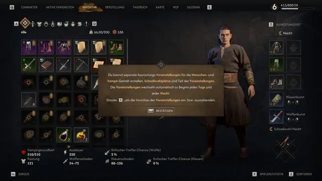 Das Inventar lässt sich filtern und zeigt auch an, welche Verbrauchsobjekte nur am Tag oder in der Nacht zu sich genommen werden können. Das Ausrüstungsset wechselt automatisch nach Tageszeit. | Foto: Rebel Wolves / Bandai Namco