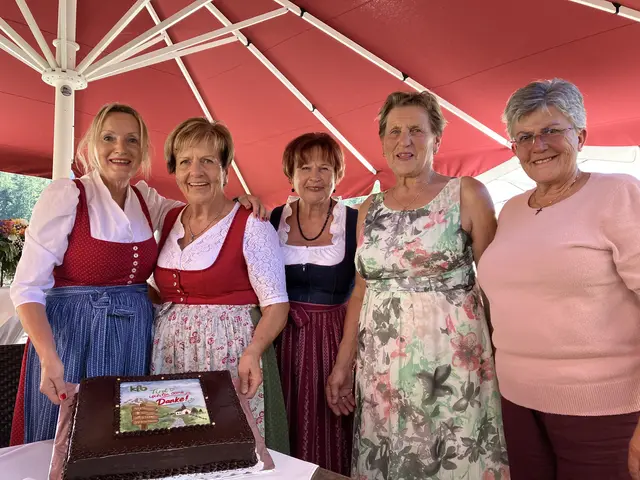 Herzlichen Dank an kfb Leiterin Kössen Josefine Schlechter (Zweite von li) für die gute Idee mit dem Überraschungsgast und an kfb Regionalleiterin Zillertal Angelika Schellhorn (Dritte von li) für die Umsetzung dieses Planes! Mit am Bild kfb Oberau Kathi Schumann (Zweite von re) und Lisi Schellhorn (re)
