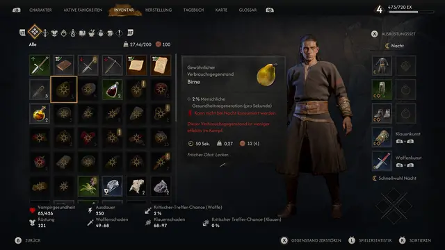 Nahrungsmittel können nur am Tag verzehrt werden und heilen uns auch im Kampf, wobei Heiltinkturen die bessere Wahl sind. | Foto: Rebel Wolves / Bandai Namco