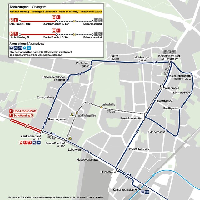 So sieht die Linienführung in der letzten Bauphase bis Ende Oktober aus.  | Foto: Grafik Wiener Linien
