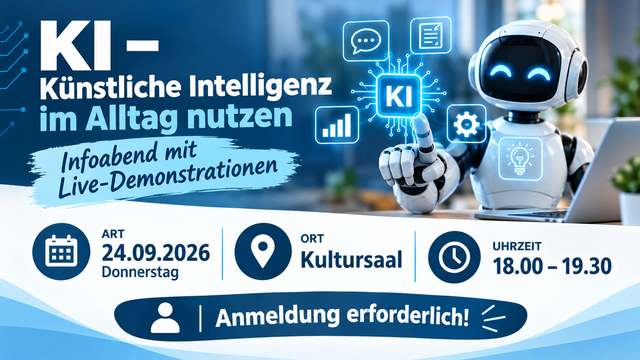 Veranstaltungsplakat mit Roboter-Illustration und den Eckdaten des KI-Infoabends am 24. September 2026 im Kultursaal Hainfeld.