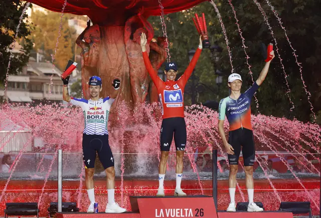Felix Gall (rechts) beendet die Vuelta a España als erster Österreicher auf dem Podest. | Foto: APA-Images / REUTERS / Marcelo del Pozo