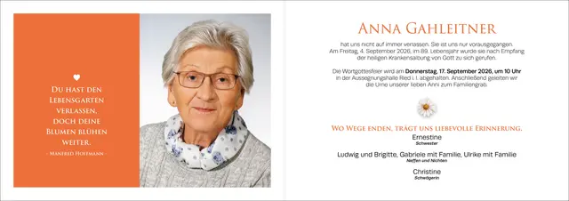 Anna Gahleitner, Ried, verstorben am 4. September, im 89. Lebensjahr. | Foto: Hirnschrodt